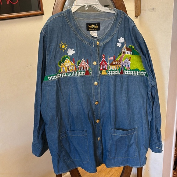 Bob Mackie Women's Embroidered Small Town Long Sleeve Button Up Denim Shirt 3x - Picture 1 of 4